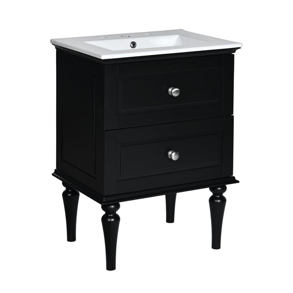 English Elm 24'' French-Style Bathroom Vanity with Ceramic Sink, Black Long Legs, 2 Drawers, Moisture-Resistant Elegance N710P195621B