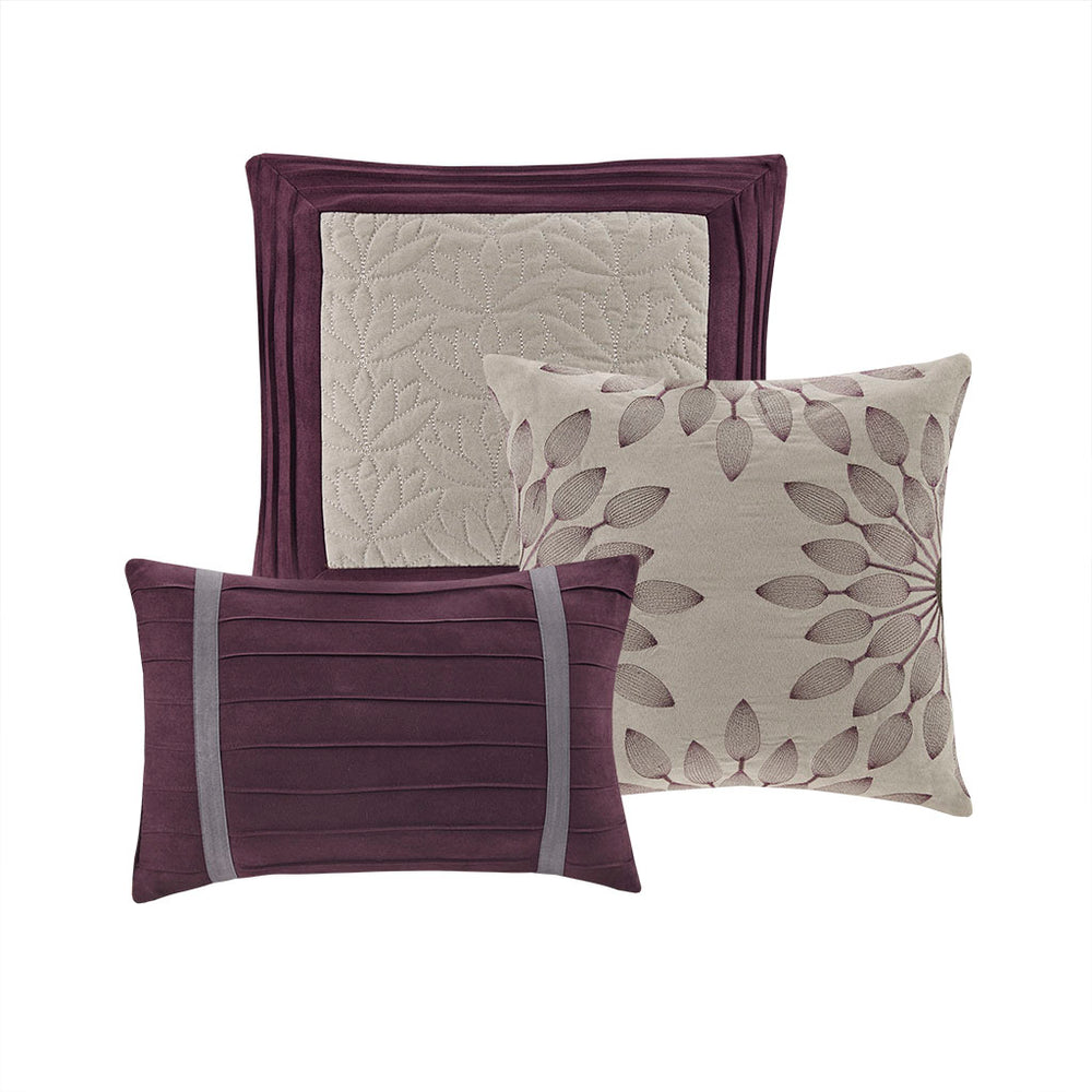 JLA Home Madison Park - 7 Madison Park Palmer Faux Suede Comforter Set – 7-Piece Plush Plum & Grey Microsuede with Embroidered Pillows, Machine Washable MP10-305