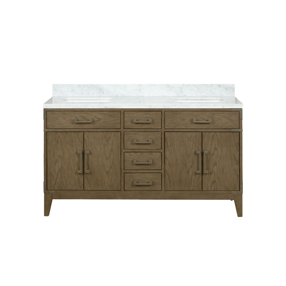 English Elm Grey Oak Double Bath Vanity With Elegant Carrara Marble Top For Modern Bathroom Storage Solutions B2731P259853