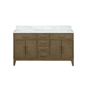English Elm Grey Oak Double Bath Vanity With Elegant Carrara Marble Top For Modern Bathroom Storage Solutions B2731P259853