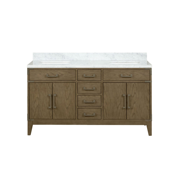 English Elm Grey Oak Double Bath Vanity With Elegant Carrara Marble Top For Modern Bathroom Storage Solutions B2731P259853
