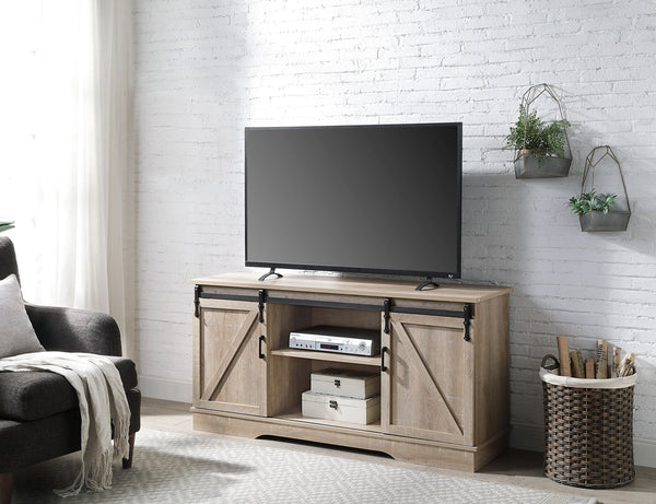 English Elm Bennet Oak TV Stand with Sliding Barn Doors, Cable Management, 65" Max, Metal Frame, Rustic Storage B2726P278173