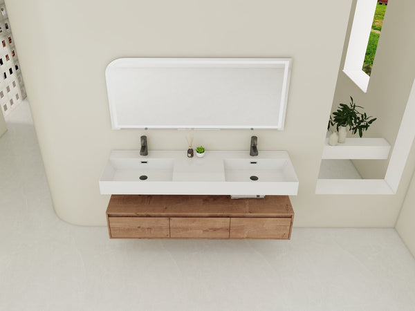 English Elm 60 Inch Wall-Mounted Modern Bathroom Vanity With Dual Resin Sinks, Soft Close Drawers & Chic Design W999S00356