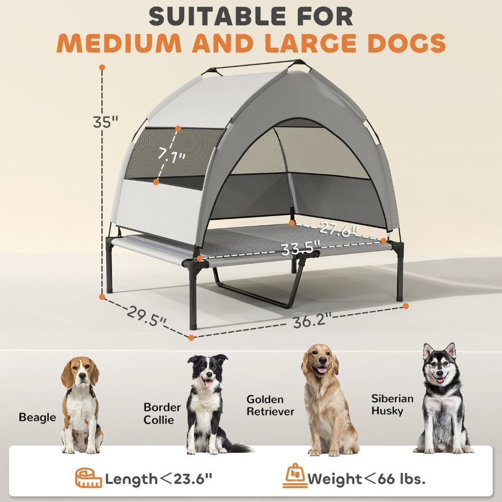 English Elm Pet Elevated Outdoor Dog Cot with Canopy Cooling Pad Steel Frame Mesh Surface T3971P435430
