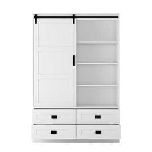 English Elm Tall Farmhouse Wardrobe Armoire with Sliding Barn Doors Drawers and Hanging Rod White W1321S00049