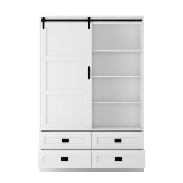 English Elm Tall Farmhouse Wardrobe Armoire with Sliding Barn Doors Drawers and Hanging Rod White W1321S00049