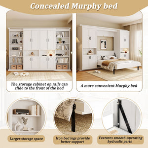 English Elm Full-size Murphy Wall Bed with Sliding Cabinets and Twelve Open Shelves for Studios White LP000919AAK