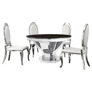 English Elm Rory Cream White & Chrome 5-Piece Dining Set with Oval Padded Backs, Split-Stem Black Glitz Table Design B062S00881