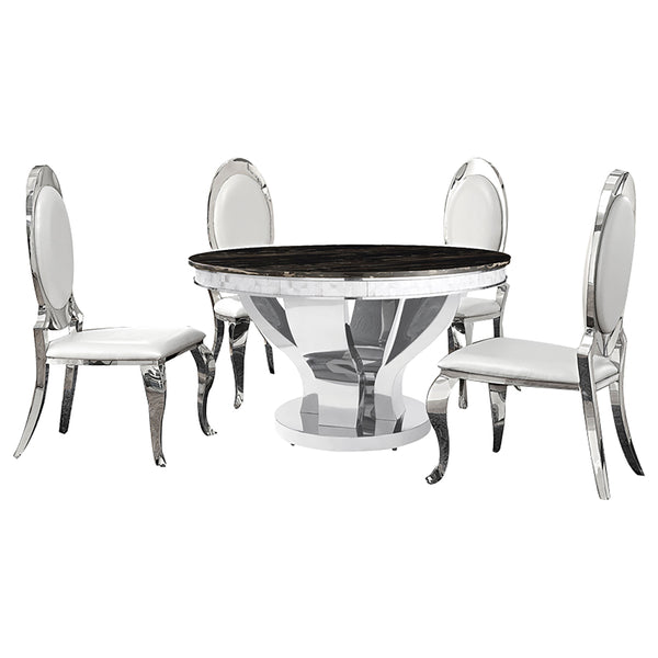 English Elm Rory Cream White & Chrome 5-Piece Dining Set with Oval Padded Backs, Split-Stem Black Glitz Table Design B062S00881