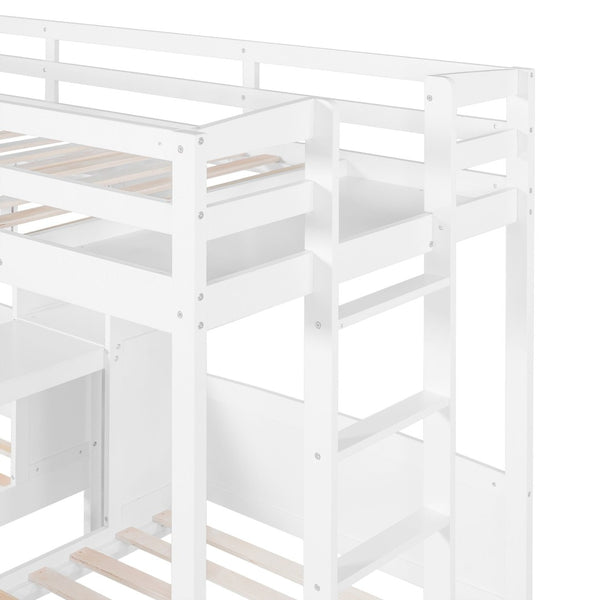 English Elm Twin Triple Bunk Bed with Built in Desk Open Shelving and Led Task Lighting White N7090002243K