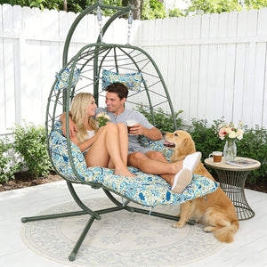 English Elm 2 Person Wicker Hanging Egg Chair with Stand Cushions Footrest Patio Swing Seat T5880P500221