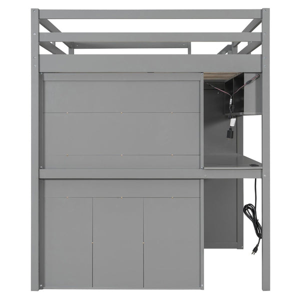 English Elm Full Loft Bed with Integrated Wardrobe Desk Shelving and Led Lighting for Teen Rooms Grey LT000927AAE