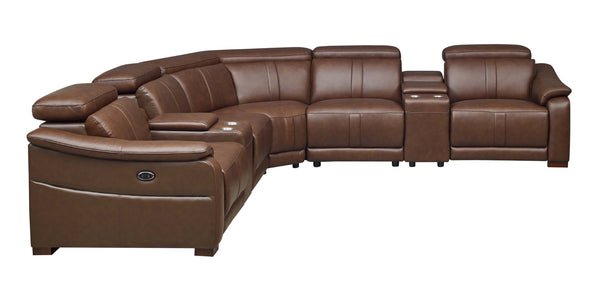 English Elm Leather Match Power Reclining Sectional with Storage Console and Adjustable Headrests Dark Brown B2748S00036