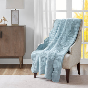 JLA Home Madison Park - Oversized Quilted Throw Adds Vintage-Soft Texture with Scalloped Edges, Breathable Cotton Fill, Machine Washable Blue MP50-8385