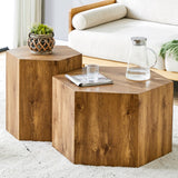 English Elm Modern Minimalist Set Of Two Hexagonal Wood-Grain Mdf Coffee Tables.Modern Mdf Coffee Table, With Complex Texture Patterns, Style and Texture Coffee Table To Redefine Your Interior Decoration.