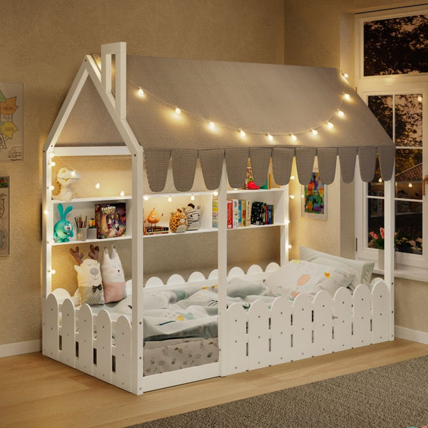 English Elm {slats Are Not Included} Twin Montessori House Floor Bed Kids Tent Lights Shelves Pinewood Frame White N708P407962K