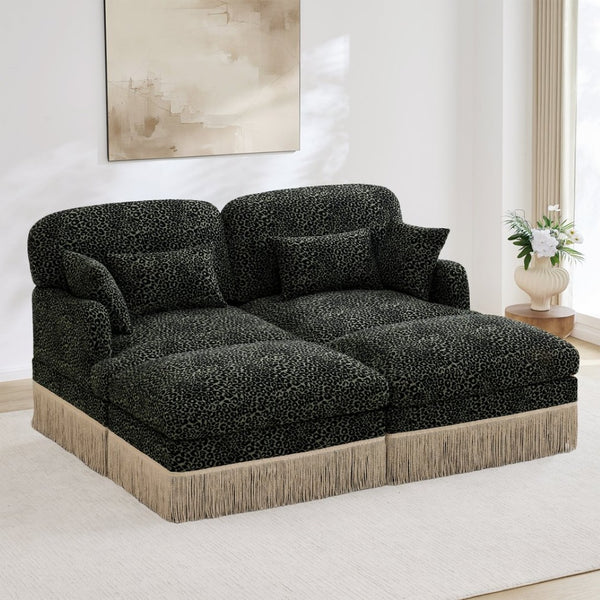 English Elm Comfy Chenille Leopard Print Loveseat with Tassel Trim and Movable Ottoman Modules Green W5656S00030