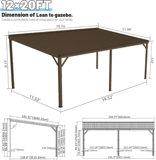 English Elm 12x20ft Lean to Hardtop Gazebo Wall Mounted Steel Roof Outdoor Shelter Deck Porch Brown W1859S00198