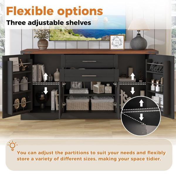 English Elm 63" Fluted Mdf Sideboard with Wood Tone Top Four Doors Three Drawers Dining Storage Black W2917S00012