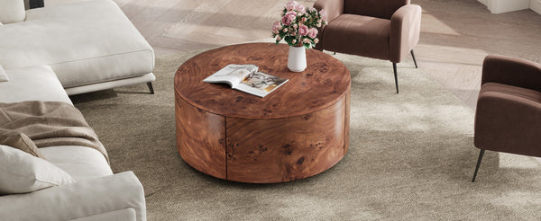 English Elm Burl Veneer Round Coffee Table Swivel Top Two Drawers Walnut Living Room N735P387206D