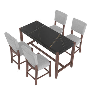 English Elm 5-Piece Counter Height Dining Set with Faux Marble Top and Upholstered Seats, Mid-Century Pub Charm Black+ Gray N752S000086B