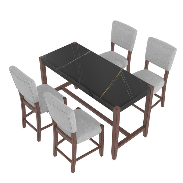 English Elm 5-Piece Counter Height Dining Set with Faux Marble Top and Upholstered Seats, Mid-Century Pub Charm Black+ Gray N752S000086B