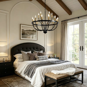 English Elm 15-light Industrial Farmhouse Chandelier Matte Black Iron Gold Candelabra Dining Foyer W5008P479819