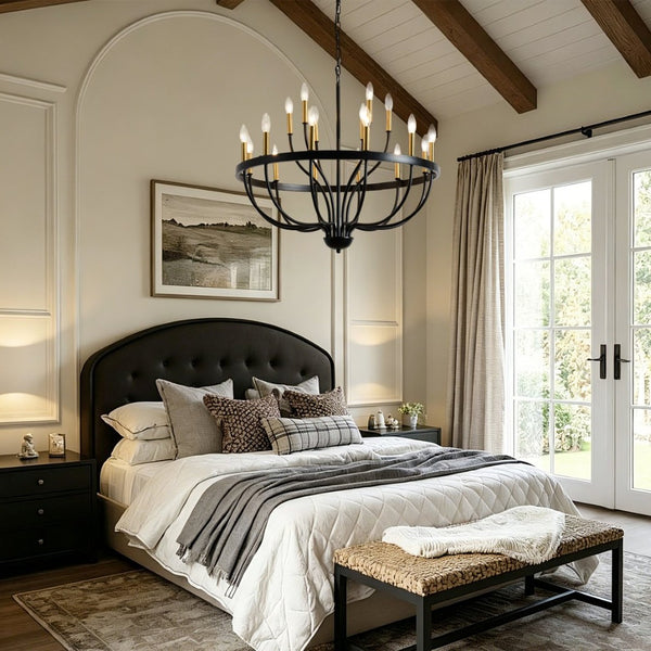 English Elm 15-light Industrial Farmhouse Chandelier Matte Black Iron Gold Candelabra Dining Foyer W5008P479819