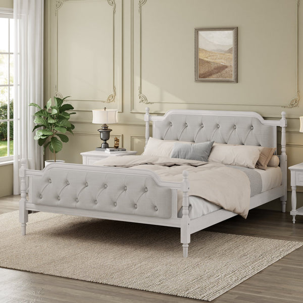 English Elm Traditional Solid Wood Bed Frame with Tufted Upholstered Headboard, No Box Spring Needed, Sturdy Support Antique White 83.1 L x 15.5 W x 5.1 H BS701P242647K
