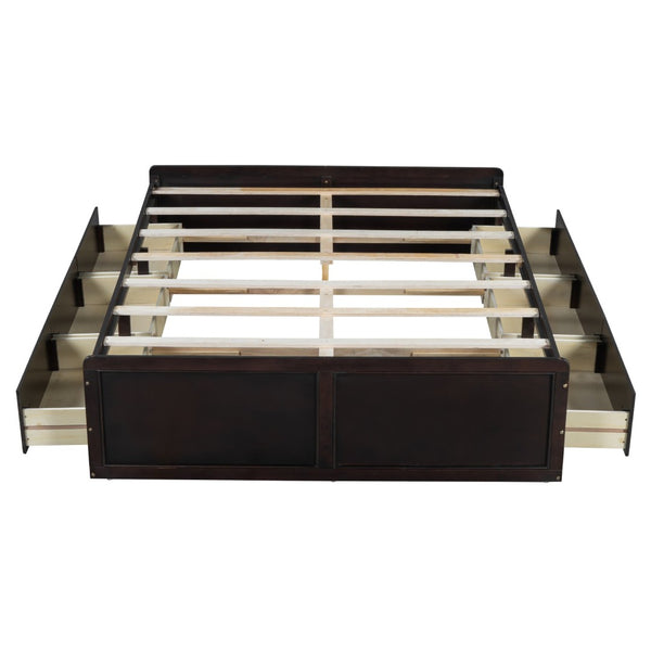 English Elm Wood Queen Platform Bed Solid Pine Frame Six Storage Drawers No Box Spring Needed Espresso N709P241723P-1