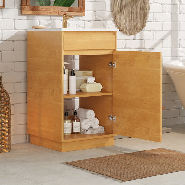 English Elm 20-inch Farmhouse Bathroom Vanity with Ceramic Sink, Freestanding Single Cabinet, Soft-Close Door, Adjustable Shelf, Natural Wood-Grain Finish N710P334910P