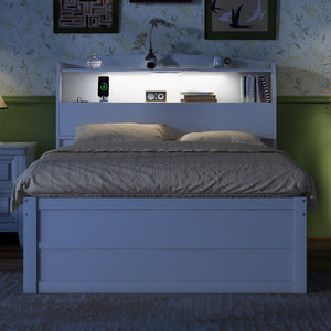 English Elm Full Size Wooden Led Platform Bed With Trundle, Storage Headboard & Drawers - Stylish White Design N820S00009K