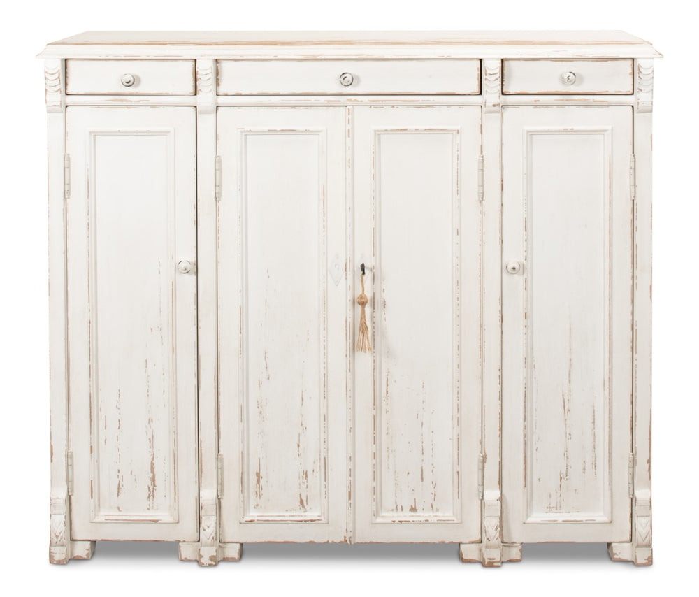 Sarreid White Swan Tall Sideboard With Handturned Iron Knobs - Reclaimed Pine, Chic Whitewashed Finish White  30462