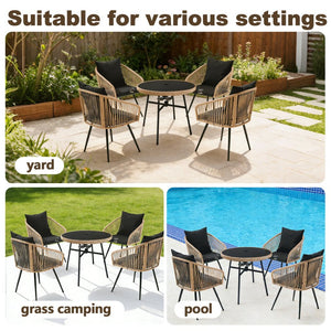 English Elm 5-piece Outdoor Wicker Dining Set with Round Glass Table and Cushioned Rattan Chairs Black T5880S00010