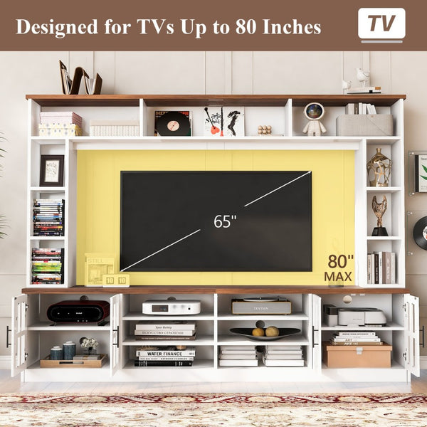 English Elm 95.5" Wide Modern Farmhouse Wall Unit with Tempered Glass Cabinets and Bookshelf Storage White SJ000157AAK
