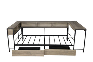 English Elm Corner Full Bed Frame with Bookcase, LED Light & USB Charging, Reversible Daybed w/2 Drawers, Grey W1670P314268