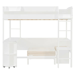 English Elm Full Size Loft Bed with Rotating Desk Led Lighting Sofa and Bookshelf Storage White LT000200AAK