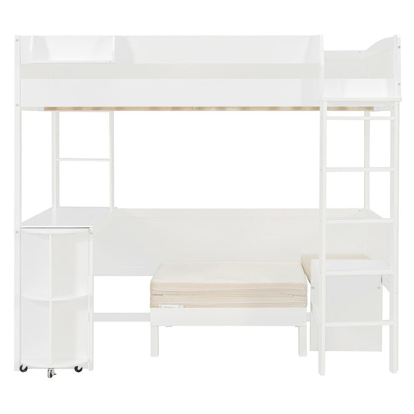 English Elm Full Size Loft Bed with Rotating Desk Led Lighting Sofa and Bookshelf Storage White LT000200AAK
