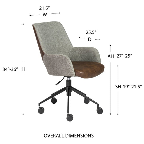 EuroStyle Desi Task Chair Dual Upholstery Leatherette Seat Gray Fabric Back Matte Base 30483LTBRN