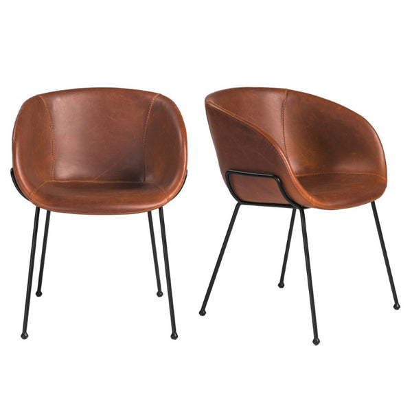 EuroStyle Zach Mid-Century Leatherette Armchair Set of 2 with Matte Black Steel Legs Saddle Brown Leatherette 30488DKBRN