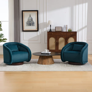 English Elm Swivel Barrel Chair Pumpkin Sculptural Velvet Upholstered with Walnut Wood Round Base Teal W3244P427742