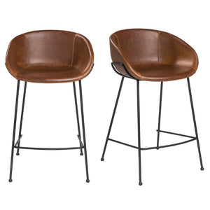 EuroStyle Zach Leatherette Counter Stool Set of 2 with Steel Frame and Baseball Stitching Saddle Brown Leatherette 30491DKBRN