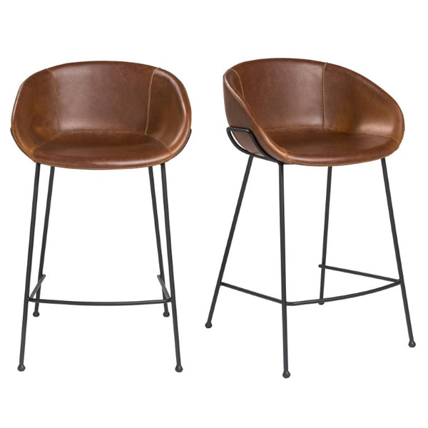 EuroStyle Zach Leatherette Counter Stool Set of 2 with Steel Frame and Baseball Stitching Saddle Brown Leatherette 30491DKBRN