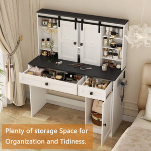 English Elm Farmhouse Vanity Table with Lighted Mirror Drawers and Hair Tool Storage for Bedroom W1321P423102