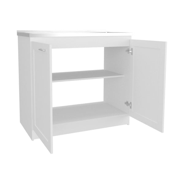 English Elm Montello White Utility Sink with Open Shelves for Laundry Mudroom Workspace B092S00281