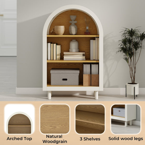 English Elm Arched Three Tier Bookshelf White Frame Woodgrain Shelves Modern Storage for Any Room W2557P428368