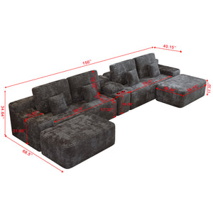 English Elm 150''Width 5-piece Sectional Sofa with Console, Convertible U-Shape, Wireless Charging & Bluetooth Speaker Black W579S00053