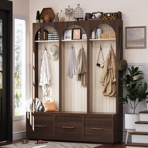 English Elm Farmhouse Hall Tree with Arched Panels Bench Drawers and Hooks for Mudroom Entryway Walnut W5271S00006
