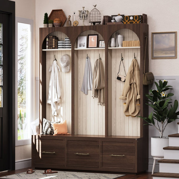 English Elm Farmhouse Hall Tree with Arched Panels Bench Drawers and Hooks for Mudroom Entryway Walnut W5271S00006