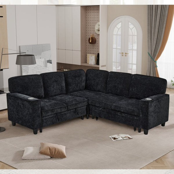 English Elm L-shaped Chenille Sectional Sleeper Sofa with Storage and Usb Charging Ports Charcoal Grey W1998S00088